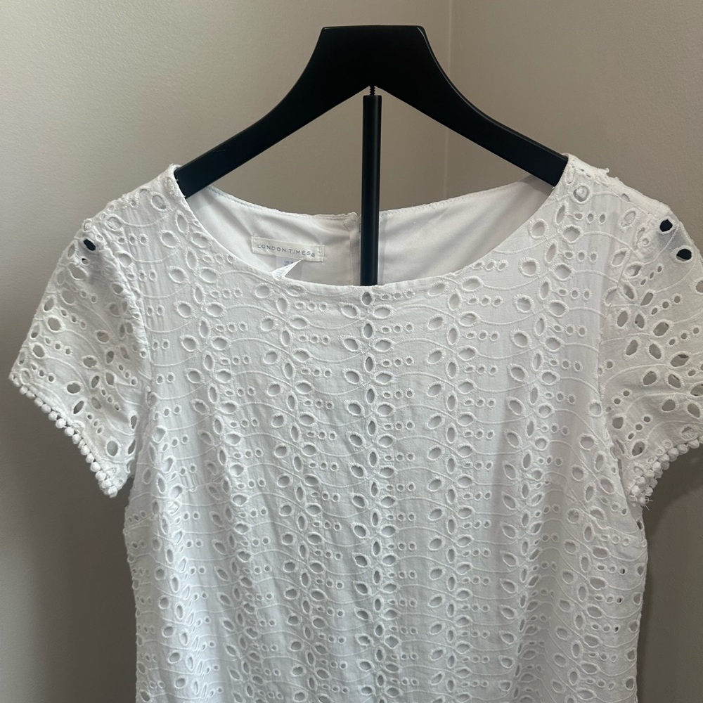 London Times 100% Cotton White Eyelet Short Sleeve Shift Mini Dress - Picture 8 of 12